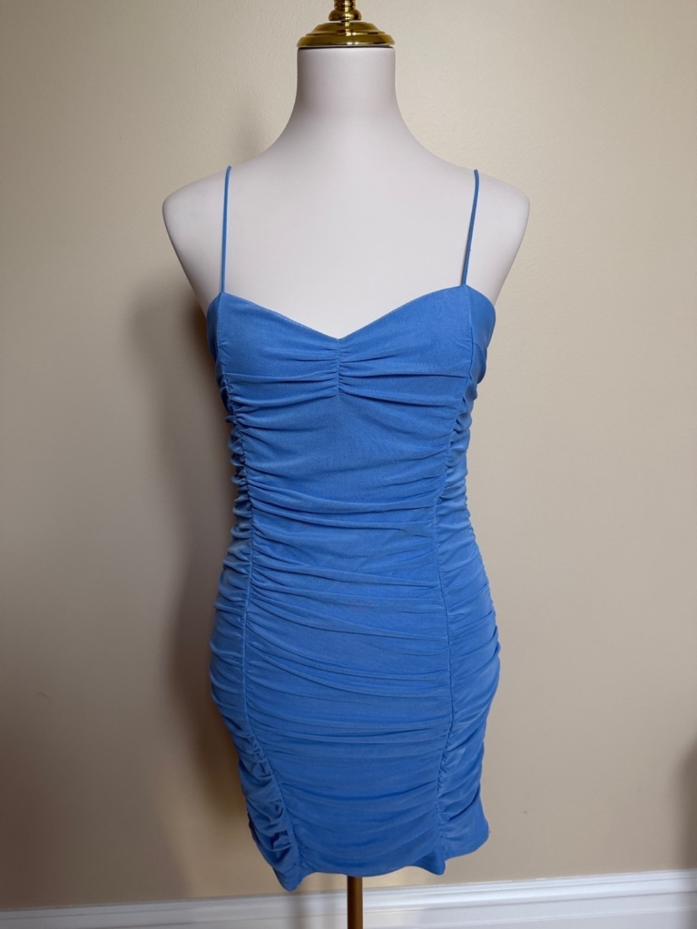 Forever 21 Blue Ruched Bodycon Mini Dress Mesh Overlay Spaghetti Strap Size L